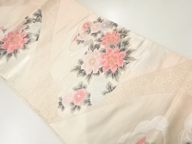 JAPANESE KIMONO / ANTIQUE FUKURO OBI / WOVEN STREAM & KIKU & PEONY